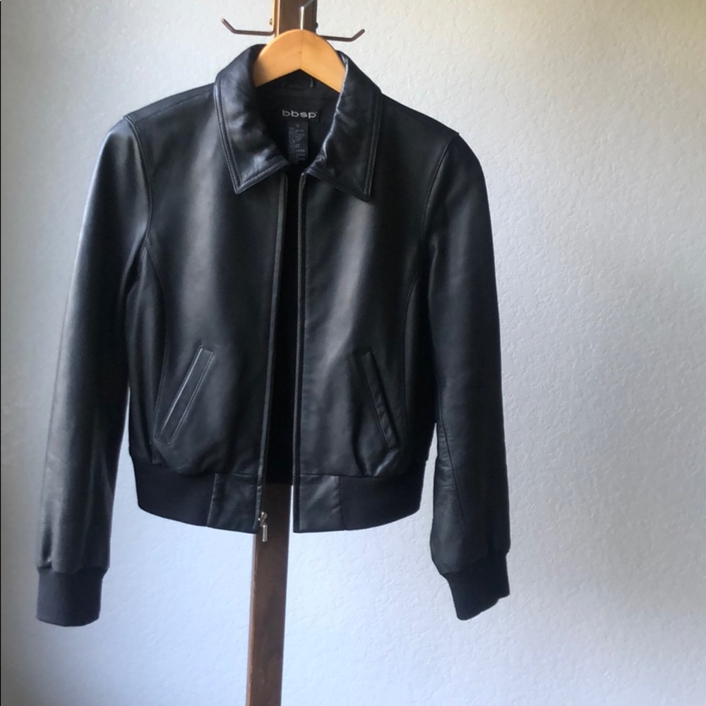 bebe Black Leather Bomber Jacket